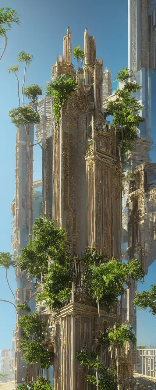 Prompt: maquette of eye level view of a contemporary tower, golden intricate details, stone facade, sacred architecture, hanging gardens, cascading highrise, arid mountains with lush palm forest, photorealistic, sunlight, 8 k, post - production, octane, cgi, sfx