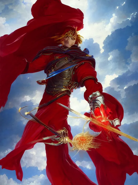 Prompt: A Portrait of a boisterous Red Mage wearing striped shining armor holding a staff of power surrounded by an epic cloudscape. The Magus Omega . Red Wizard. Morpheus. Symmetrical. masterpiece. 4k digital illustration. by Ruan Jia and Artgerm and Andreas Rocha and William-Adolphe Bouguereau and Jean-Baptiste de Champaigne. award winning, Artstation, intricate details, realistic, Hyperdetailed, 8k resolution. Concept Painting. Key Art