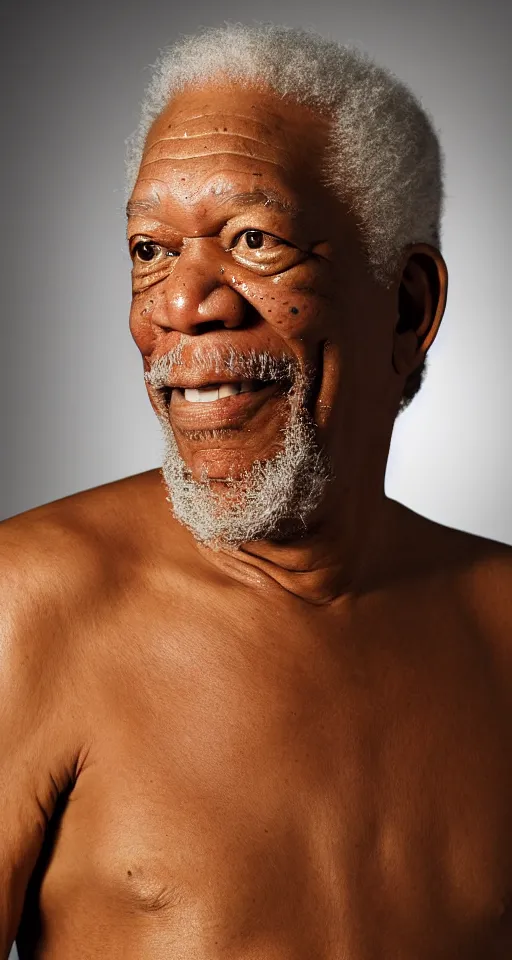 Prompt: 8 k studio photo of morgan freeman posing in bikini, studio lighting, golden background