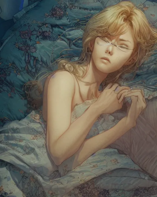 Prompt: a girl waking up in the morning, full shot, visible face, ambient lighting, detailed, art by ayami kojima, makoto shinkai, kilian eng