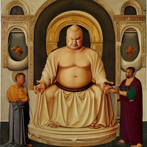 Image similar to hank hill as god and bobby hill as budai, italian renaissance religious painting, painting by carlo crivelli, painting by maso di banco, painting by berlinghiero
