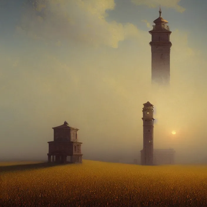 Prompt: a beautiful painting of a clock tower in a field of golden wheat by ivan aivazovsky and zdzisław beksinski and rene magritte and greg rutkowski and james gurney, in style of digital art. hyper detailed. octane render. maya. trending on artstation