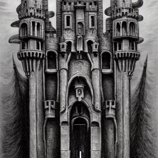 Prompt: main entrance of a castle with subtle lovecraftian vibes, ethereal, oil painting, mc escher