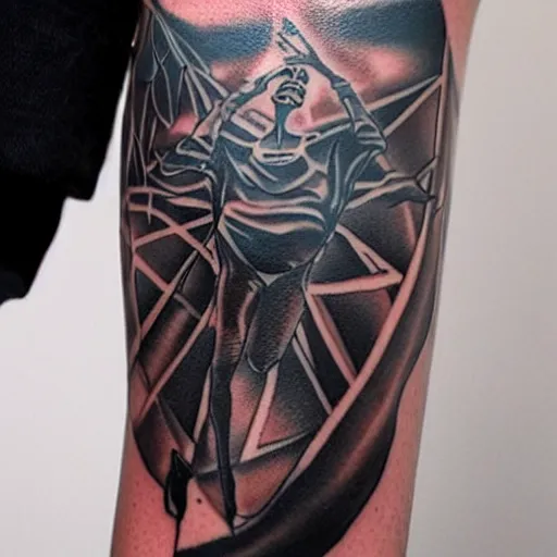 Image similar to a tattoo of the album cover for the black album by the damned
