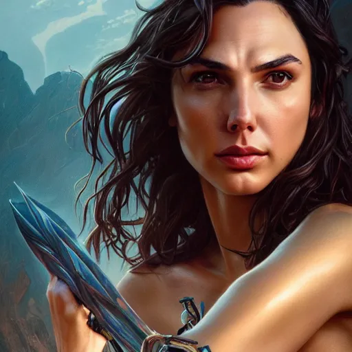 Image similar to painting of gal gadot, bikini armor, ultra realistic, concept art, intricate details, eerie, highly detailed, photorealistic, octane render, 8 k, unreal engine, art by artgerm and greg rutkowski and alphonse mucha