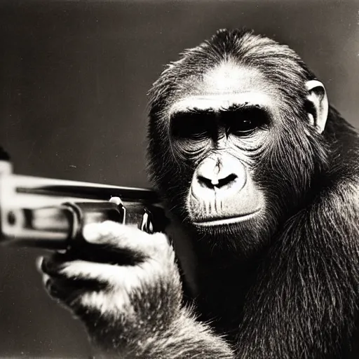 Image similar to 1930s mugshot of an ape holding a rifle, closeup portrait