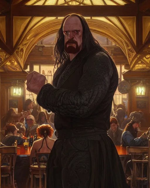 Image similar to symmetry!! portrait of wrestler undertaker fighting in an english pub, dnd, intricate, elegant, highly detailed, digital painting, artstation, concept art, smooth, sharp focus, illustration, art by artgerm and greg rutkowski and alphonse mucha