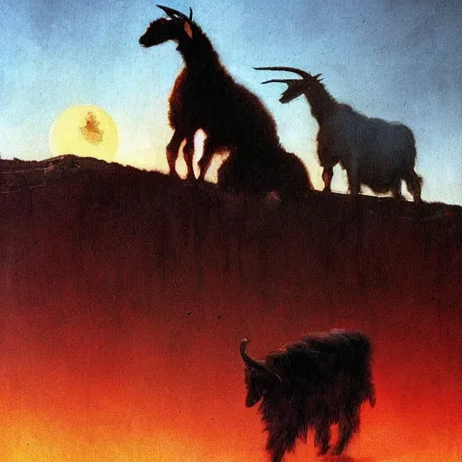 Prompt: goat in the painted world of resident evil and bruce pennington, head and shoulders masterpiece, apocalypse, golden hour, cosmic horror, artstation, in the style of goya and edward hopper and bosch, extremely detailed