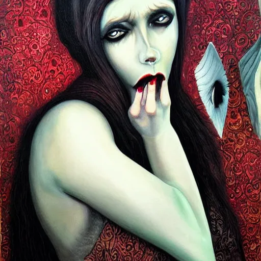 Prompt: a hyperrealistic painting of a beautiful gothic princess crying tears of blood, by Chris Mars, vivid color, highly detailed,