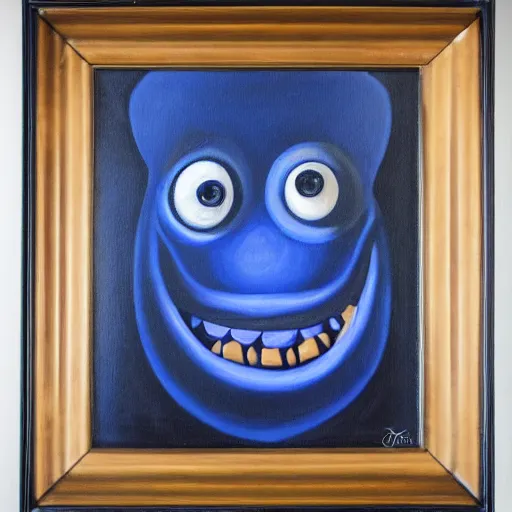 Image similar to A humanoid pear grinning monster, dark, blue light, black gradient background, oil painting