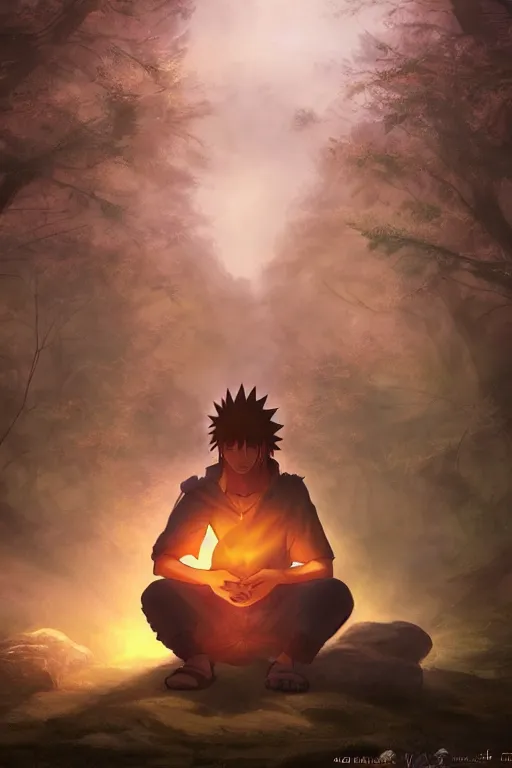 Image similar to photorealistic dark fantasy concept art of Naruto meditating in a forest, dynamic lighting, stunning visuals, realism, cinematic, hyper detailed, ultra detailed, beautiful visuals and sunset