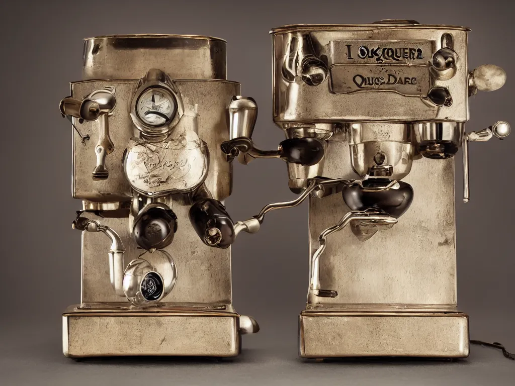 Image similar to wide angle photography of a antique coffee machine, by louis daquerre, product photography, small depth of field, fresh colors, trending on artstation