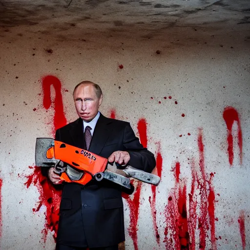 Prompt: putin with a chainsaw and a corpse. in a concrete room, looks like a bunker. focus on putins face with blood splatters. canon eos r 3, f / 1. 4, iso 8 0 0, 1 / 1 6 0 s, 8 k, raw.