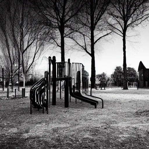 Prompt: an abandon playground with a tall dark ominous figure standing infront of it, liminal, dark, highly detailed,