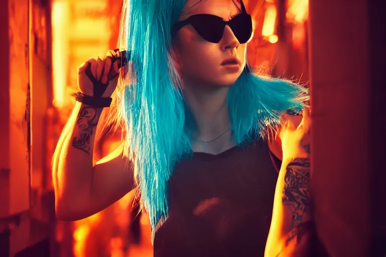 Prompt: closeup beautiful young trained female cyberpunk assassin, sunglasses, died hair, shag cut, hero pose colorful city lighting, night by emmanuel lubezki