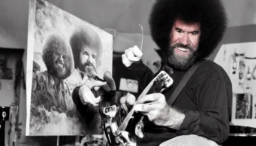 Image similar to Bob Ross performs in a Heavy Metal Band