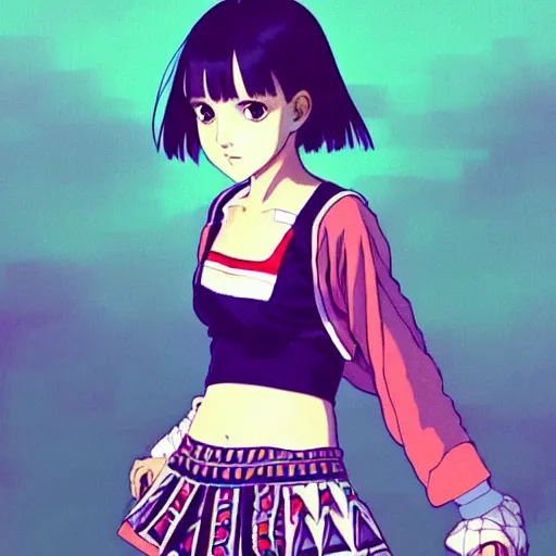 Image similar to a beautiful! boyish! natalie portman alluring gravure! model, wearing japanese school girl outfit with mayan pattern and native style, aztec street fashion, gapmoe yandere grimdark, trending on pixiv fanbox, painted by greg rutkowski makoto shinkai takashi takeuchi studio ghibli, akihiko yoshida