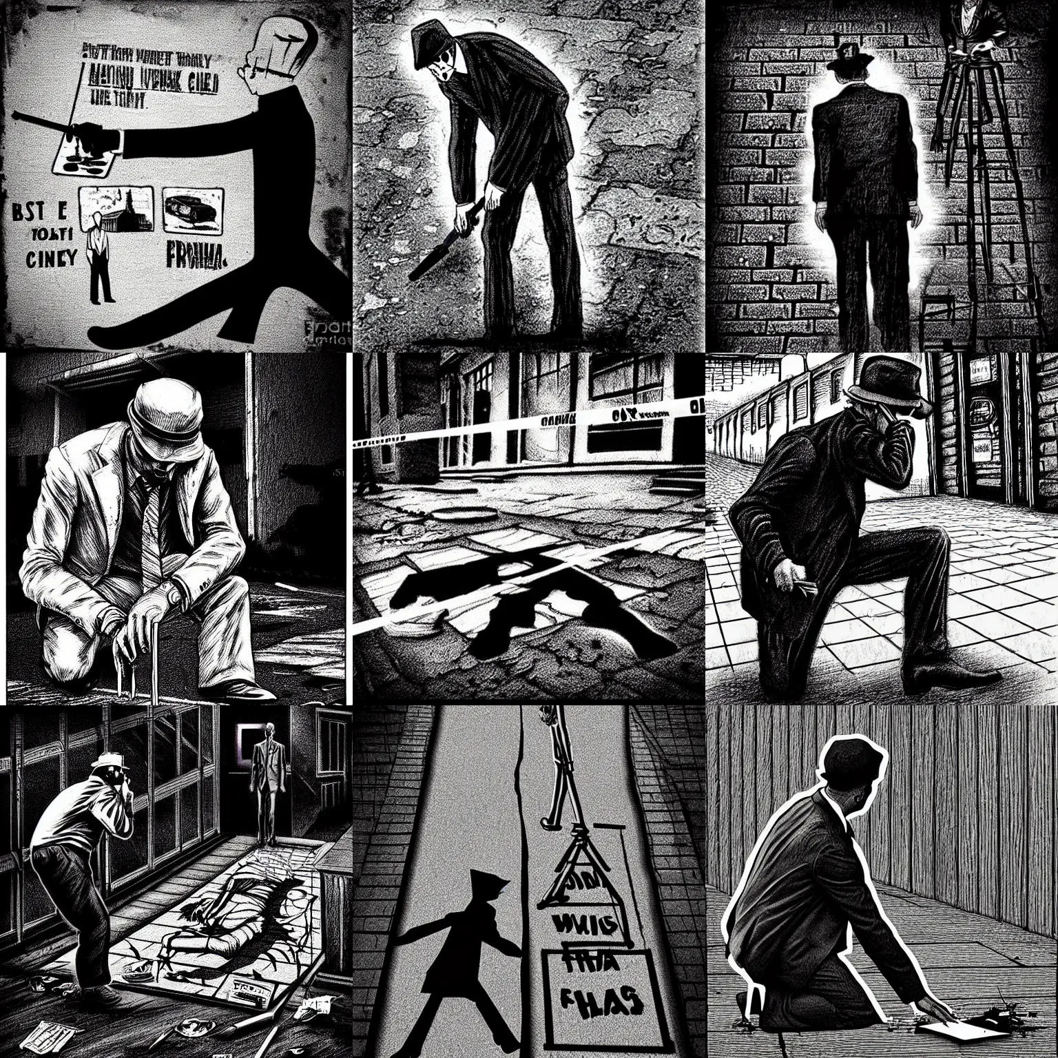 Prompt: pen and ink a detective at a gruesome crime scene chalk outline, impressive scene. grainy and rough. black and white colour scheme. beautiful artistic detailed digital art