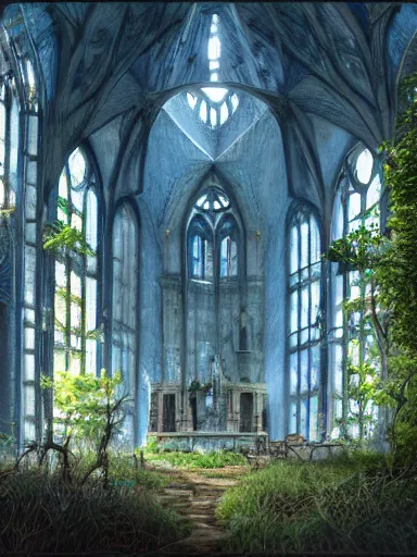 Image similar to interior of an overgrown church, blue color palette, concept art, detailed, intricate complexity, artstation