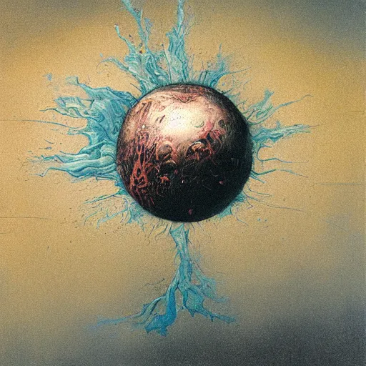 Image similar to a sphere being devoured by abstract splatters of paint in the style of francis bacon, venus being engulfed in flames in the style of james jean, surreal, beksinski, high detailed