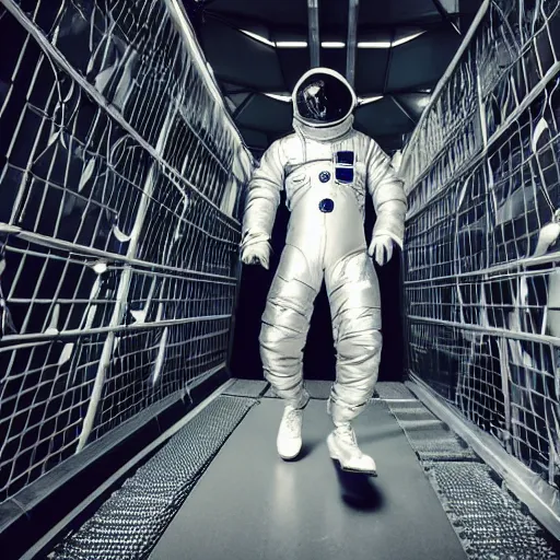 Image similar to mysterious man in silver space suit, walking on an industrial catwalk with stairs that lead nowhere, floating in deep space with a black background, photograph, wide angle, long shot