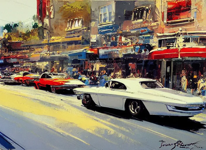 Prompt: 5 hotrods driving down a street , vintage, highly detailed, by John Berkey