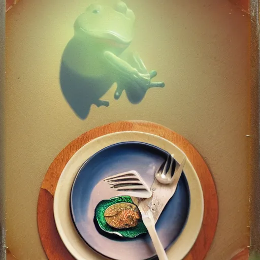 Image similar to frog levitating above the plate on a table with simple food, polaroid photography in style of andrey tarkovski, light caustics, iridescence, paranormal, spiritual, mystical, sublime