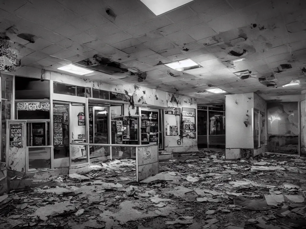 Prompt: Photorealistic Eerie Abandoned Blockbuster Video store with ghostly phantoms, Lomography, ambient occlusion, subsurface scatter, luminosity, trending on Artstation, cinematic lighting