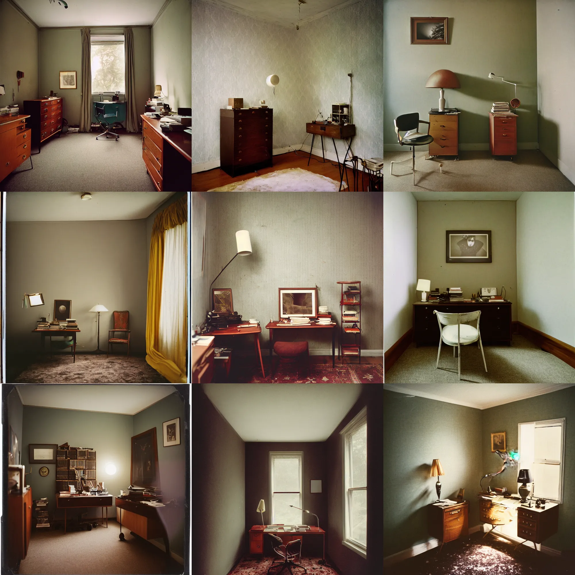 Prompt: kodak portra 4 0 0, wetplate, 8 mm extreme fisheye, award - winning portrait by britt marling of a 1 9 6 0 s private office room, picture frames, shining lamps, dust, smoke 1 9 6 0 s elegant metal furniture, wallpaper, carpet, books, muted colours, fog