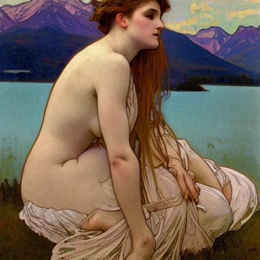 Image similar to tempera composed by alphonse mucha, by meredith marsone, by alexandre cabanel. the sculpture of two lakes in connecticut, with mountains in the distance.