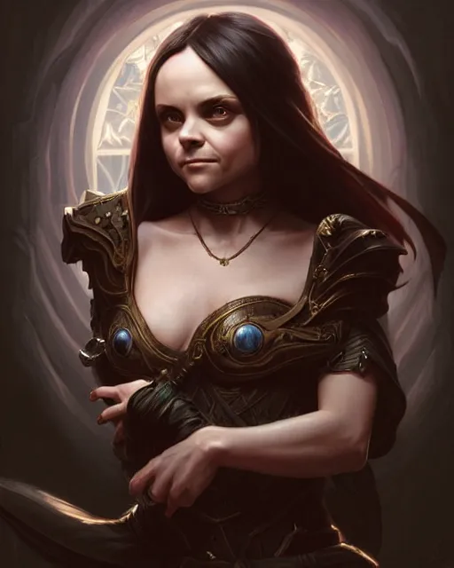 Image similar to Christina Ricci (2000), D&D, fantasy, intricate, elegant, highly detailed, digital painting, artstation, concept art, matte, sharp focus, illustration, hearthstone, art by Artgerm and Greg Rutkowski and Alphonse Mucha