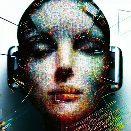 Image similar to woman cyborg, led display on forehead, wires, glitched, pixel sorting, mimmo rotella, alan bean, john chamberlain, peter kemp