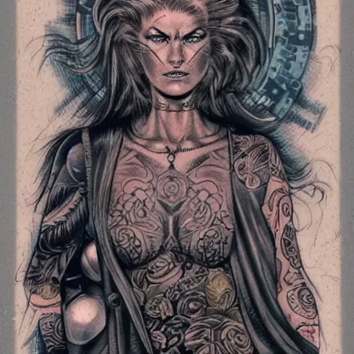 Prompt: a beautiful portrait of a tattooed older high class dystopian woman Travis Charest style