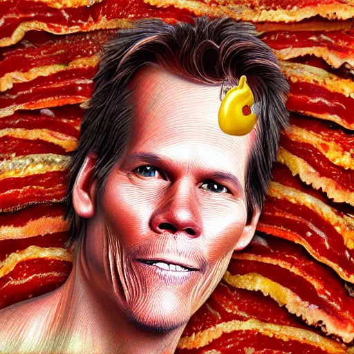 Image similar to ultra detailed kevin bacon on a slice of bacon in a hamburger rendered by octane digital painting inspired by arcimboldo