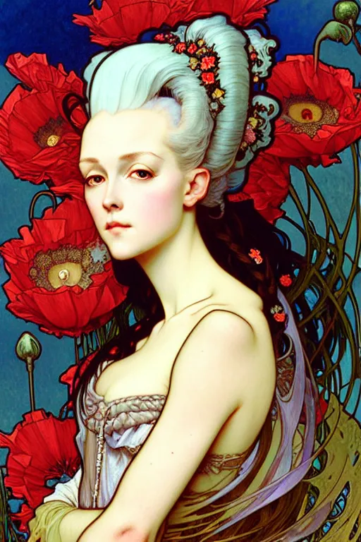 Prompt: realistic detailed face portrait of Marie Antoinette surrounded by poppies by Alphonse Mucha, Ayami Kojima, Amano, Charlie Bowater, Karol Bak, Greg Hildebrandt, Jean Delville, and Mark Brooks, Art Nouveau, Pre-Raphaelite, Neo-Gothic, gothic, Art Nouveau, rich deep moody colors, anatomically correct hands