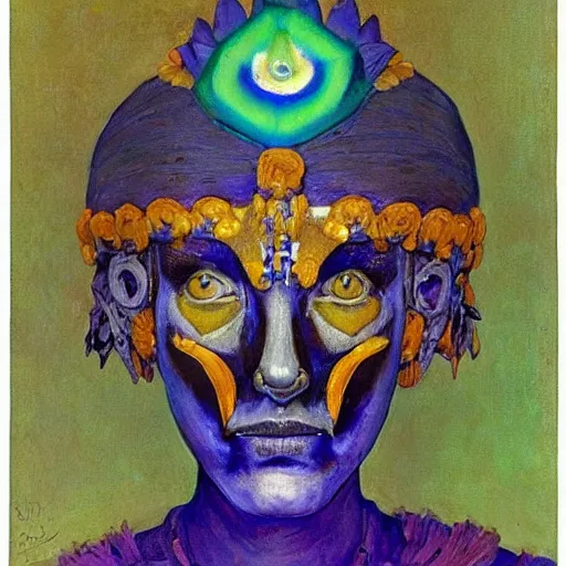 Prompt: the bone crown, the crow crown, by Annie Swynnerton and Nicholas Roerich and Diego Rivera, bioluminescent skin, elaborate costume, geometric ornament, symbolist, cool colors like blue and green and violet, smooth, sharp focus, extremely detailed