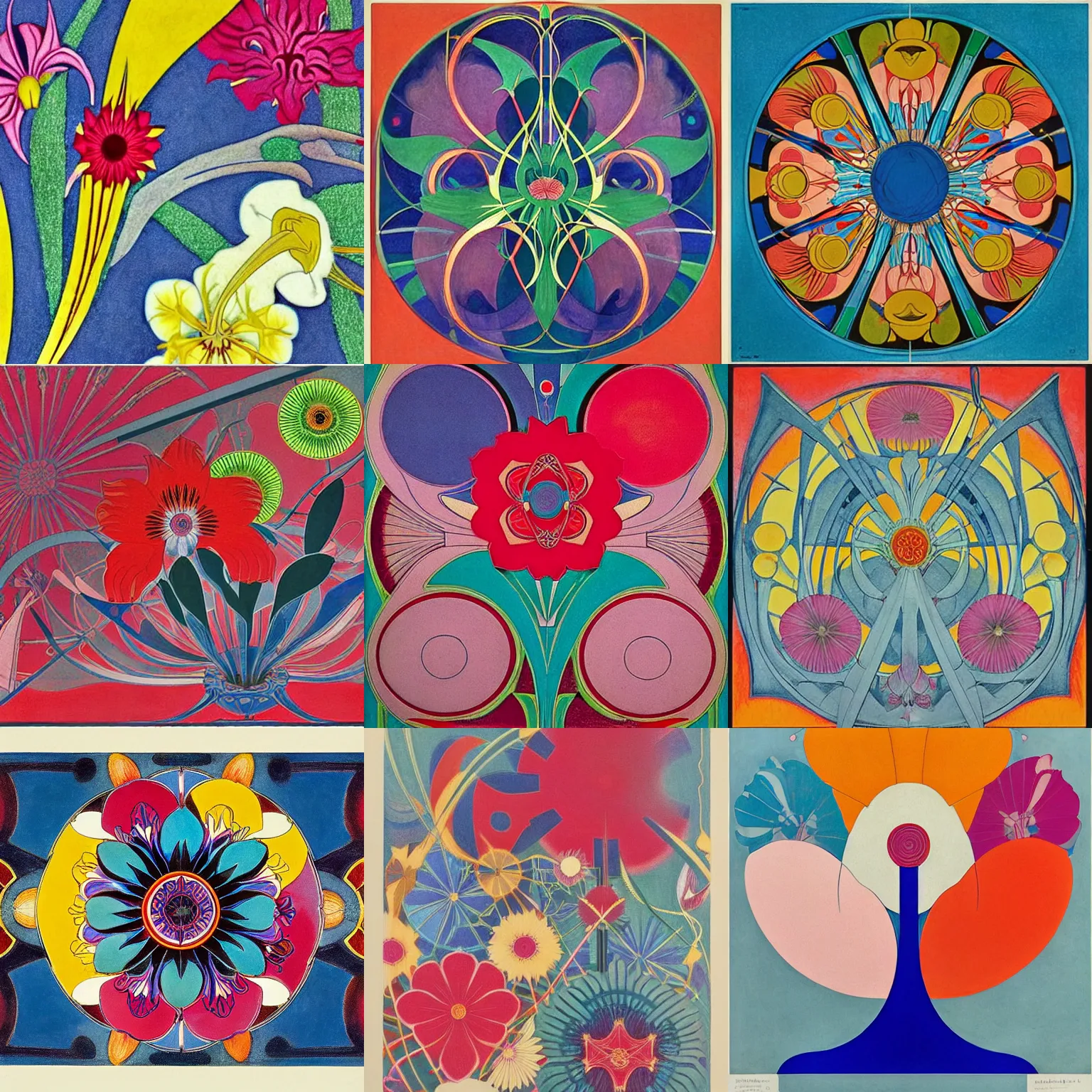 Prompt: flower ( ( art nouveau ) ) ( ( bauhaus ) ), ( ( alien ) ), intricate detail, sharp focus, colorful, by ( ( hilma af klint ) ) and escher and hokusai and ( botticelli ) and frank lloyd wright and ( ( james jean ) ) and ( hr geiger ) and ( ( andy warhol ) )