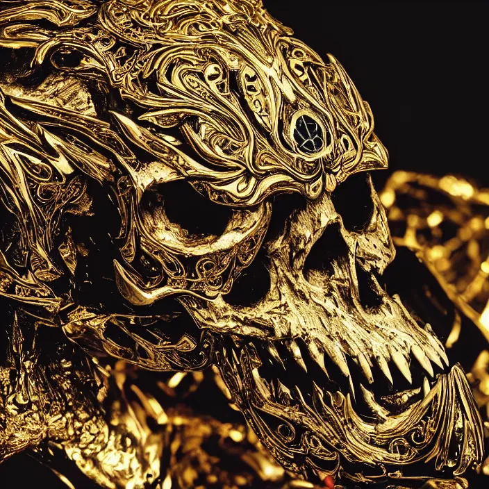 Image similar to photo portrait portrait of skull of wolf, lying on bones, dramatic lighting, golden ornaments, symmetric, intricate skeletal decorations, symmetry, highly detailed, concept art, black, red, white, gold layers, super moon, style of nekroxiii, hyperrealistic