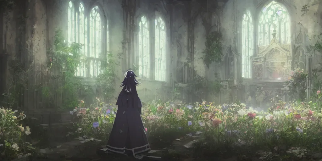 Image similar to anime kyoto animation key by greg rutkowski night, single white hair girl from behind, in abandoned chapel with overgrown flowers and plants