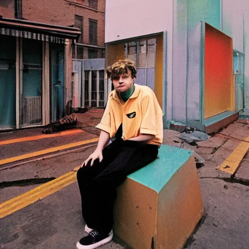 Image similar to mac demarco in a retrofuturistic city, retro futuristic fashion, photography award winning,