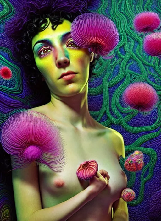 Image similar to hyper detailed 3d render like a Oil painting - Ramona Flowers with wavy black hair wearing thick mascara seen Eating of the Strangling network of colorful yellowcake and aerochrome and milky Fruit and Her delicate Hands hold of gossamer polyp blossoms bring iridescent fungal flowers whose spores black the foolish stars by Jacek Yerka, Mariusz Lewandowski, Houdini algorithmic generative render, Abstract brush strokes, Masterpiece, Edward Hopper and James Gilleard, Zdzislaw Beksinski, Mark Ryden, Wolfgang Lettl, Dan Hiller, hints of Yayoi Kasuma, octane render, 8k