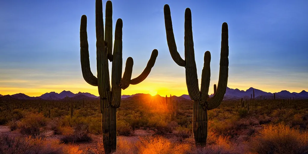 Prompt: Arizona desert, saguaro, sunrise, by Vincent Van Gough