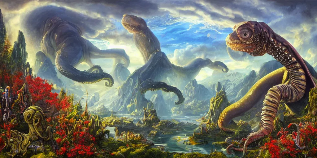 Image similar to fantasy oil painting, great leviathan, cybernetic turtle cephalopod terrapin reptilian pachyderm squid, bella hadid, hybrid, milla jovovich, anubis, epic natural light, lush plants flowers, spectacular mountains, bright clouds, luminous sky, outer worlds, golden hour, michael cheval, edward hopper, michael whelan, vray, hd