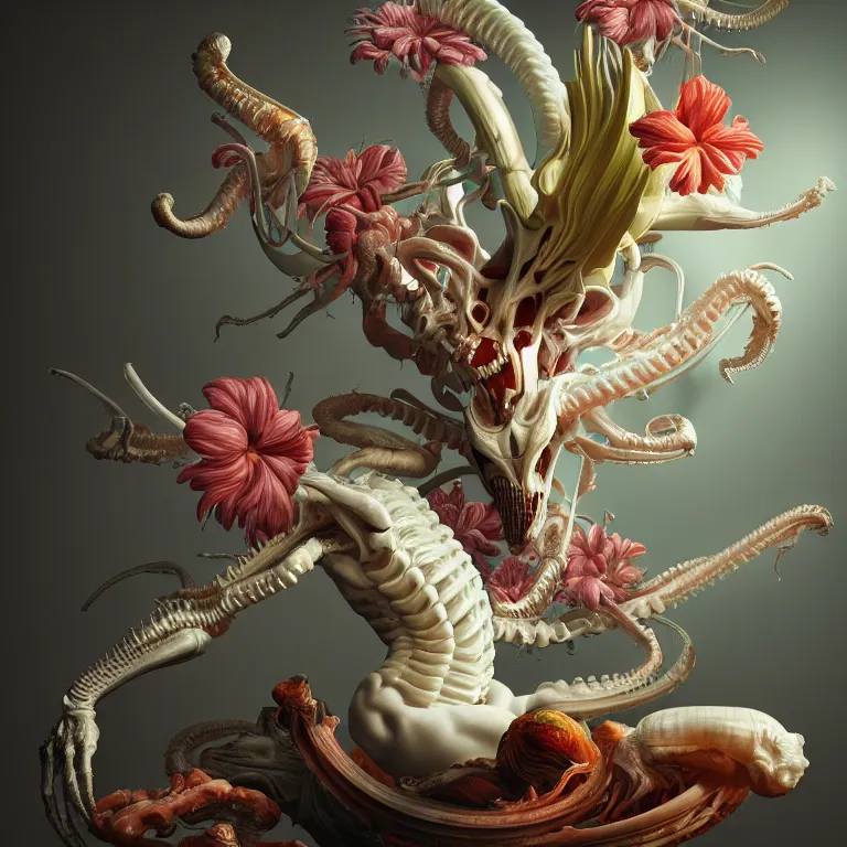 Image similar to still life of white xenomorph, beautiful tropical flowers, human spine, colorful mold, baroque painting, beautiful detailed intricate insanely detailed octane render, 8K artistic photography, photorealistic, chiaroscuro, Raphael, Caravaggio