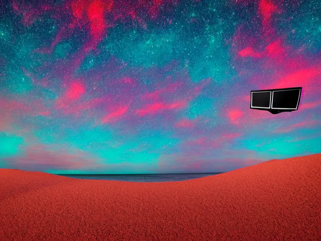 Image similar to purple television, red sand beach, green ocean, nebula sunset
