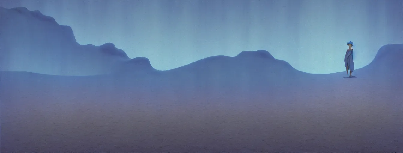 Prompt: a gorgeous blue desert painting by barlowe wayne maxfield parrish and marco mazzoni, grey blue and very little light verdancy. ultra clear detailed. 3 d, octane render. turbulent blood lake.