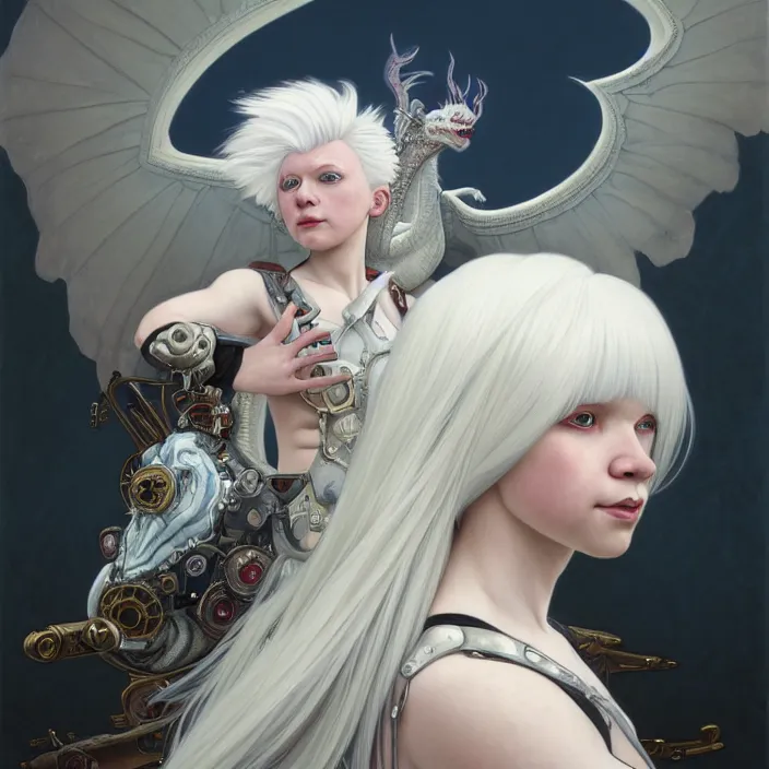 Image similar to excellent painted portrait of a albino girl with white hair and a fringe, steampunk art, with a nordic white dragon flying on the background, character artwork, 8k resolution artwork, trending on artstation, detailed oil painting portrait, art by artgerm and greg rutkowski and alphonse mucha and craig mullins and James Jean and Andrei Riabovitchev and Marc Simonetti and peter mohrbacher, matte painting