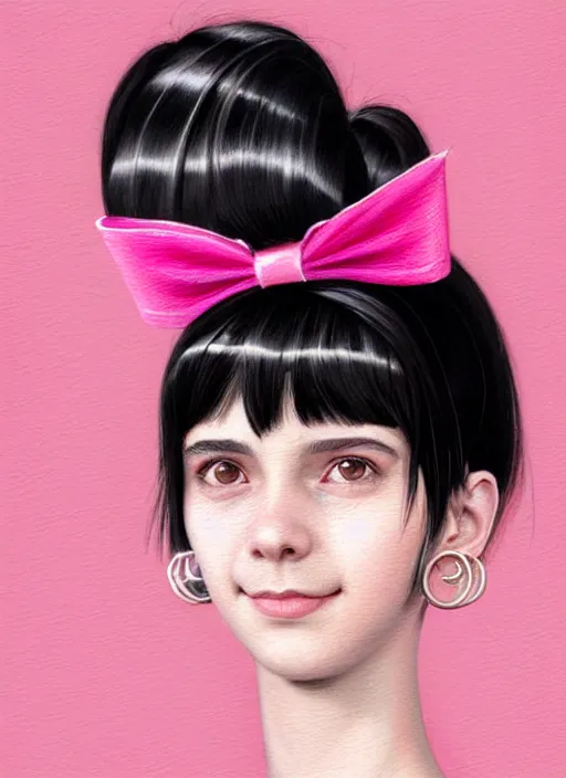 Image similar to portrait of teenage girl, realistic, black hair, bangs, half updo hairstyle, pointy nose, skinny, smile, ugly, defined jawline, big chin, pink hair bow, earrings, intricate, elegant, glowing lights, highly detailed, digital painting, artstation, sharp focus, illustration, art by wlop, mars ravelo and greg rutkowski