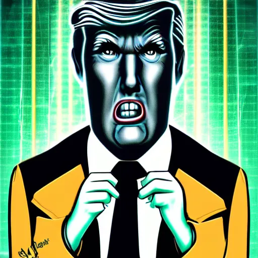 Image similar to character portrait inspired by max headroom and donald trump, digital art work made in comic art style, highly detailed macabre face