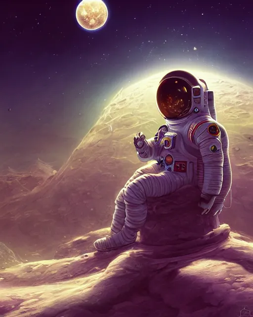 Prompt: wide shoot portrait of ethereal intricate cosmonaut lie relaxed on a crescent moon between the stars and the planets in outer space, cosmonaut post grunge concept art,high detail,4k, trending on artstation by Yoshitaka Amano, josan gonzalez and tyler edlin